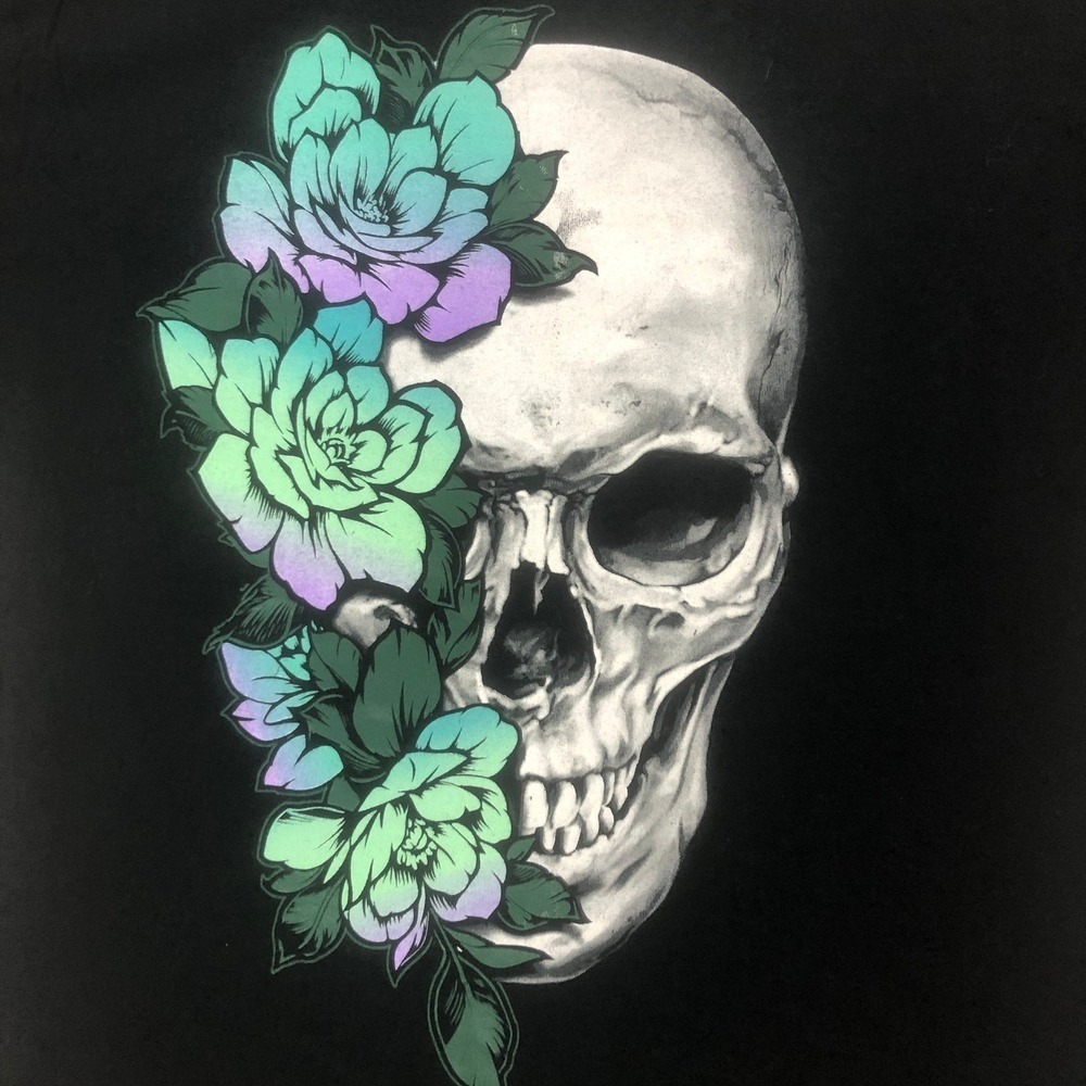 Skull Floral Graphic Print T-Shirt Black Short Sleeve DOM Men's Size Large